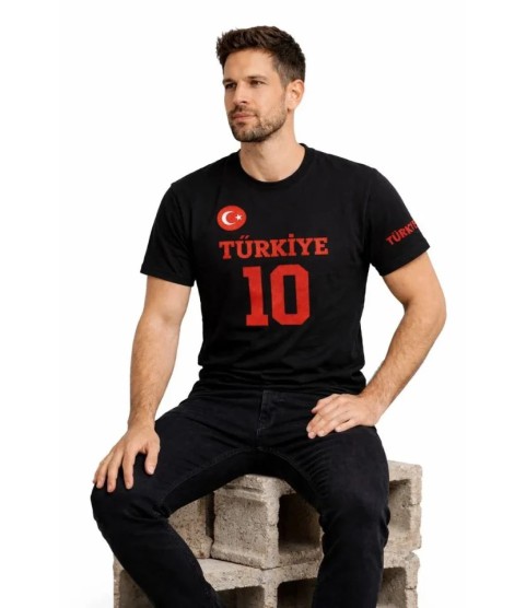 Erkek TÜRKİYE Ay Yıldız Baskılı 10 Numara Forma Tişört Taraftar T-Shirt - Siyah