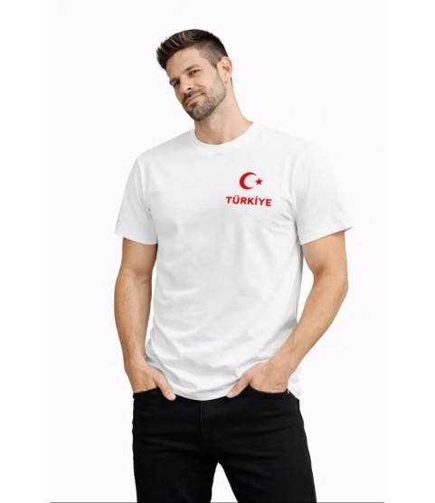 Erkek TÜRKİYE Ay Yıldız Baskılı Taraftar Forma T-Shirt - Beyaz