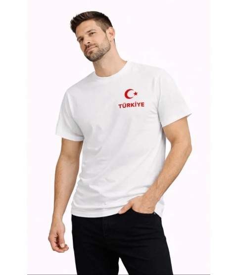 Erkek TÜRKİYE Ay Yıldız Baskılı Taraftar Forma T-Shirt - Beyaz