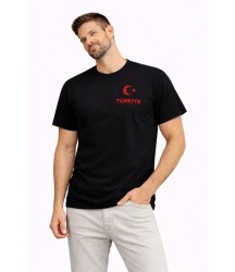 Erkek TÜRKİYE Ay Yıldız Baskılı Taraftar Forma T-Shirt - Siyah
