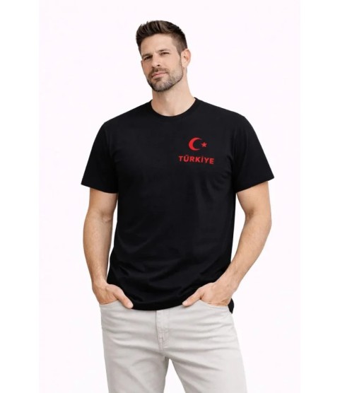 Erkek TÜRKİYE Ay Yıldız Baskılı Taraftar Forma T-Shirt - Siyah