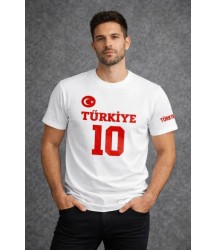 Erkek TÜRKİYE Ay Yıldız Baskılı 10 Numara Forma Tişört Taraftar T-Shirt - Beyaz