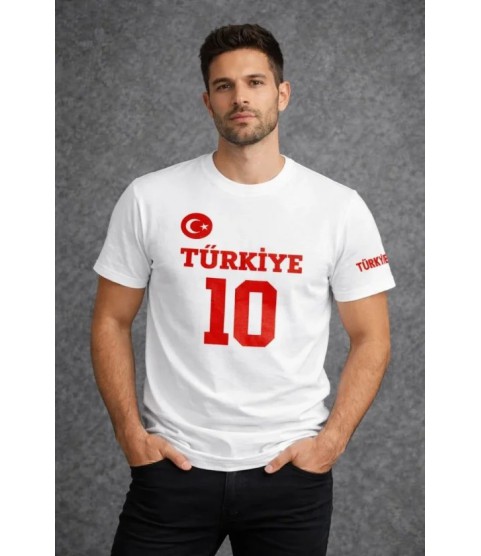 Erkek TÜRKİYE Ay Yıldız Baskılı 10 Numara Forma Tişört Taraftar T-Shirt - Beyaz