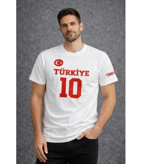 Erkek TÜRKİYE Ay Yıldız Baskılı 10 Numara Forma Tişört Taraftar T-Shirt - Beyaz