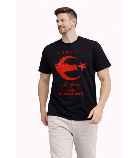 Erkek TÜRKİYE Ay Yıldız Baskılı Taraftar Forma T-Shirt - Siyah