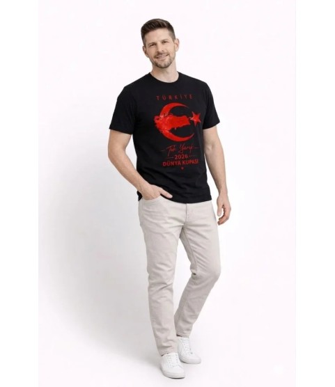Erkek TÜRKİYE Ay Yıldız Baskılı Taraftar Forma T-Shirt - Siyah