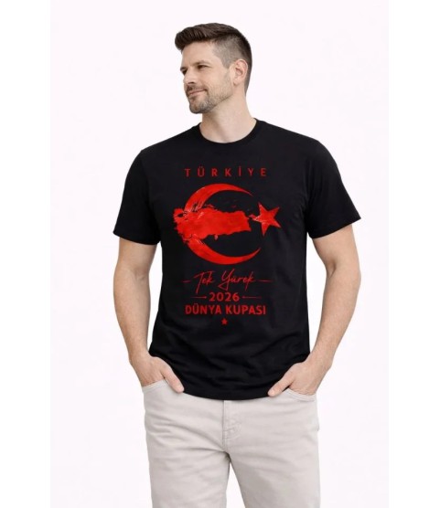 Erkek TÜRKİYE Ay Yıldız Baskılı Taraftar Forma T-Shirt - Siyah