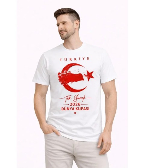 Erkek TÜRKİYE Ay Yıldız Baskılı Taraftar Forma T-Shirt - Beyaz