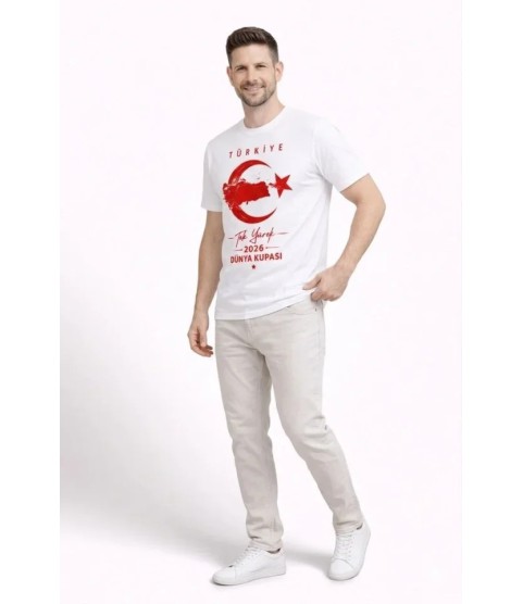 Erkek TÜRKİYE Ay Yıldız Baskılı Taraftar Forma T-Shirt - Beyaz