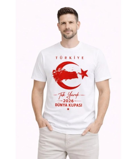 Erkek TÜRKİYE Ay Yıldız Baskılı Taraftar Forma T-Shirt - Beyaz