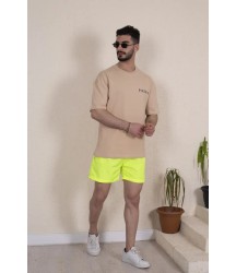 Erkek Deniz Şortu Fermuarlı Cepli File Astarlı - Neon Yeşili