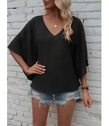 Kadın Kısa Kollu V Yakalı Salaş Viskon Bluz