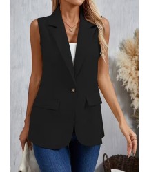 Kadın Kolsuz Yakalı önden Tek Düğmeli Atlas Ceket