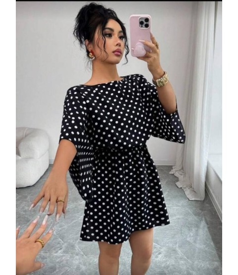Kadın Puantiyeli örme Krep Mini Elbise (kemersiz)
