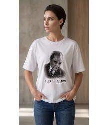 Atatürk Baskılı Tişört Kısa Kollu Bisiklet Yaka T-Shirt - Beyaz