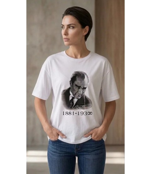 Atatürk Baskılı Tişört Kısa Kollu Bisiklet Yaka T-Shirt - Beyaz