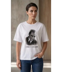 Atatürk Baskılı Tişört Kısa Kollu Bisiklet Yaka T-Shirt - Beyaz