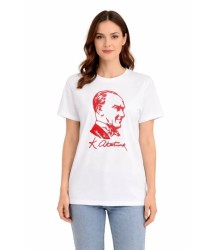 Atatürk Baskılı Tişört Kısa Kollu Bisiklet Yaka T-Shirt - Beyaz