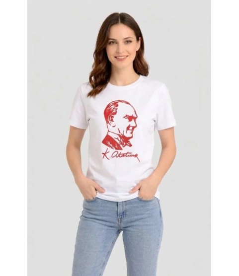 Atatürk Baskılı Tişört Kısa Kollu Bisiklet Yaka T-Shirt - Beyaz Atatürk Baskılı Tişört Kısa Kollu Bisiklet Yaka T-Shirt - Beyaz