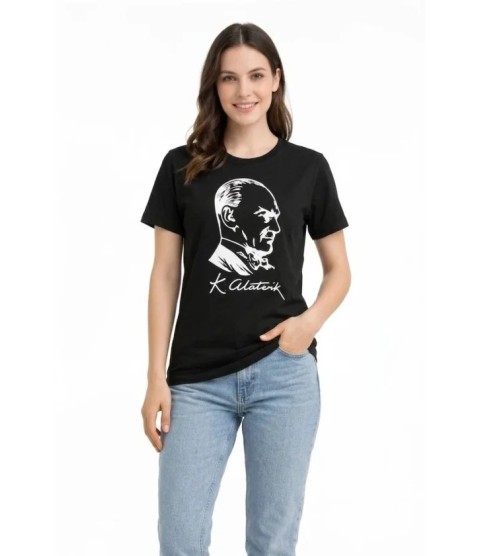 Atatürk Baskılı Tişört Kısa Kollu Bisiklet Yaka T-Shirt - Siyah Atatürk Baskılı Tişört Kısa Kollu Bisiklet Yaka T-Shirt - Siyah