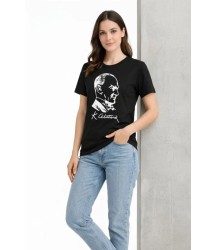 Atatürk Baskılı Tişört Kısa Kollu Bisiklet Yaka T-Shirt - Siyah