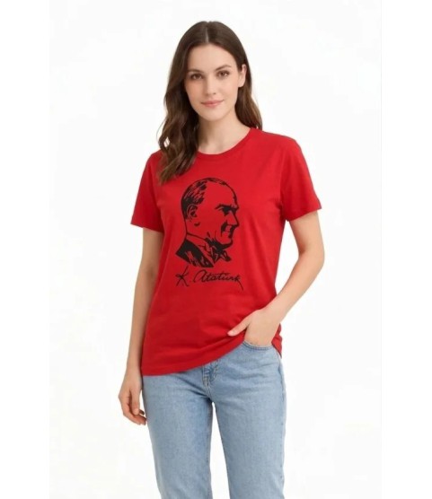 Atatürk Baskılı Tişört Kısa Kollu Bisiklet Yaka  T-Shirt - Kırmızı
