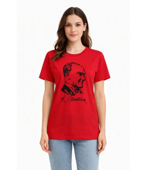 Atatürk Baskılı Tişört Kısa Kollu Bisiklet Yaka T-Shirt - Kırmızı Atatürk Baskılı Tişört Kısa Kollu Bisiklet Yaka T-Shirt - Kırmızı