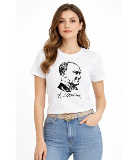 Atatürk Baskılı Tişört Kısa Kollu Bisiklet Yaka T-Shirt - Beyaz