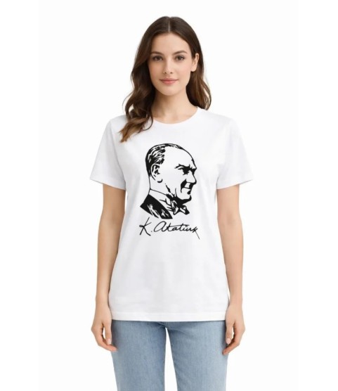 Atatürk Baskılı Tişört Kısa Kollu Bisiklet Yaka T-Shirt - Beyaz Atatürk Baskılı Tişört Kısa Kollu Bisiklet Yaka T-Shirt - Beyaz