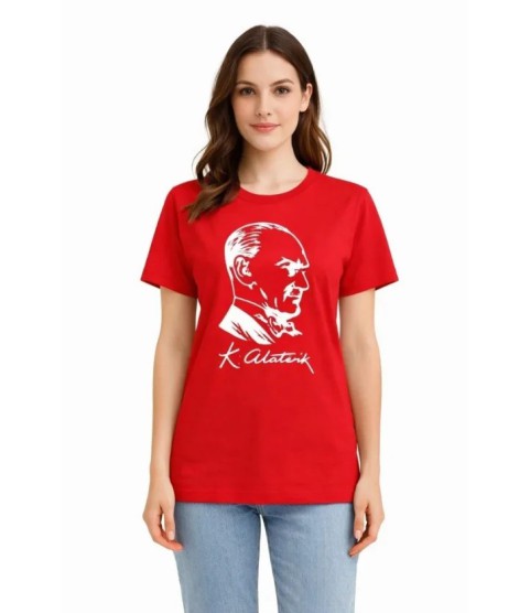 Atatürk Baskılı Tişört Kısa Kollu Bisiklet Yaka  T-Shirt - Kırmızı