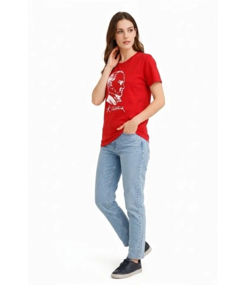 Atatürk Baskılı Tişört Kısa Kollu Bisiklet Yaka T-Shirt - Kırmızı Atatürk Baskılı Tişört Kısa Kollu Bisiklet Yaka T-Shirt - Kırmızı