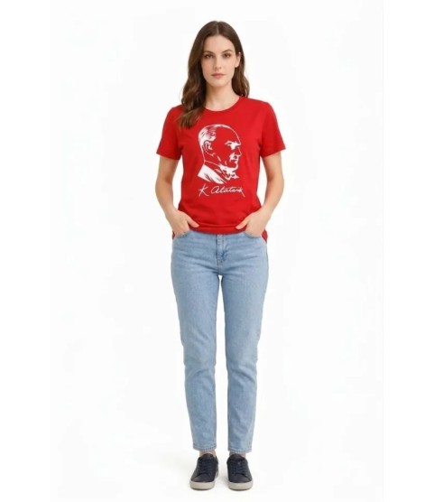 Atatürk Baskılı Tişört Kısa Kollu Bisiklet Yaka T-Shirt - Kırmızı Atatürk Baskılı Tişört Kısa Kollu Bisiklet Yaka T-Shirt - Kırmızı