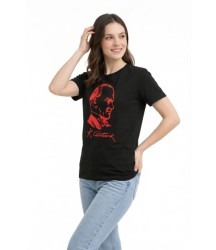 Atatürk Baskılı Tişört Kısa Kollu Bisiklet Yaka  T-Shirt - Siyah
