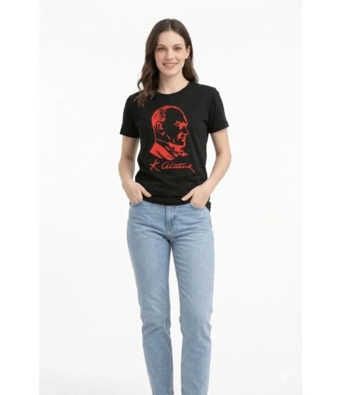Atatürk Baskılı Tişört Kısa Kollu Bisiklet Yaka T-Shirt - Siyah Atatürk Baskılı Tişört Kısa Kollu Bisiklet Yaka T-Shirt - Siyah