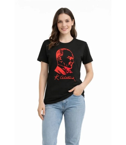 Atatürk Baskılı Tişört Kısa Kollu Bisiklet Yaka T-Shirt - Siyah Atatürk Baskılı Tişört Kısa Kollu Bisiklet Yaka T-Shirt - Siyah
