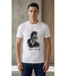 Erkek Atatürk Baskılı Tişört Kısa Kollu Bisiklet Yaka  T-Shirt - Beyaz