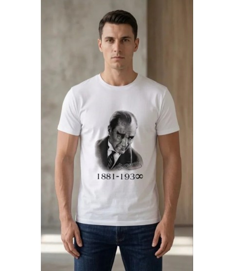 Erkek Atatürk Baskılı Tişört Kısa Kollu Bisiklet Yaka  T-Shirt - Beyaz