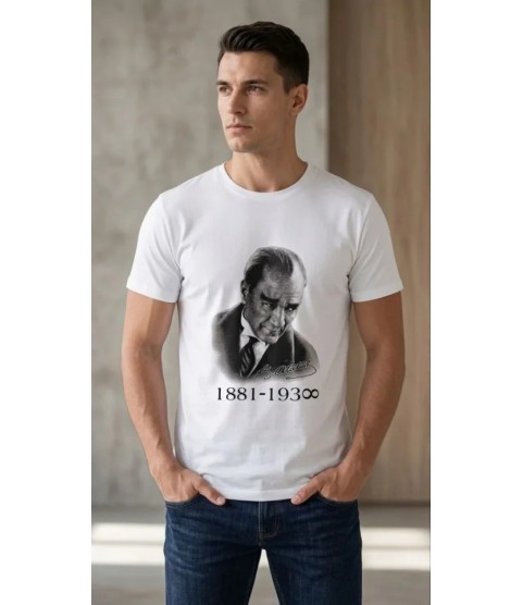 Erkek Atatürk Baskılı Tişört Kısa Kollu Bisiklet Yaka  T-Shirt - Beyaz