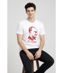 Erkek Atatürk Baskılı Tişört Kısa Kollu Bisiklet Yaka T-Shirt - Beyaz