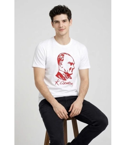 Erkek Atatürk Baskılı Tişört Kısa Kollu Bisiklet Yaka T-Shirt - Beyaz