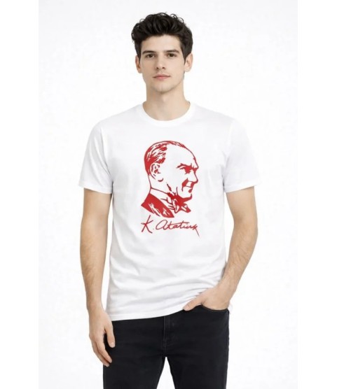 Erkek Atatürk Baskılı Tişört Kısa Kollu Bisiklet Yaka T-Shirt - Beyaz Erkek Atatürk Baskılı Tişört Kısa Kollu Bisiklet Yaka T-Shirt - Beyaz