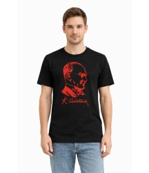 Erkek Atatürk Baskılı Tişört Kısa Kollu Bisiklet Yaka T-Shirt - Siyah