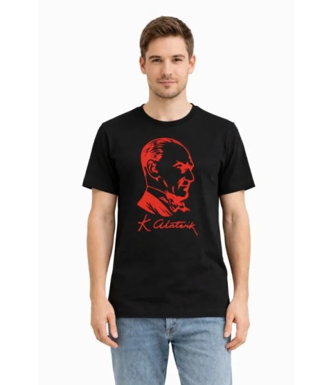 Erkek Atatürk Baskılı Tişört Kısa Kollu Bisiklet Yaka T-Shirt - Siyah
