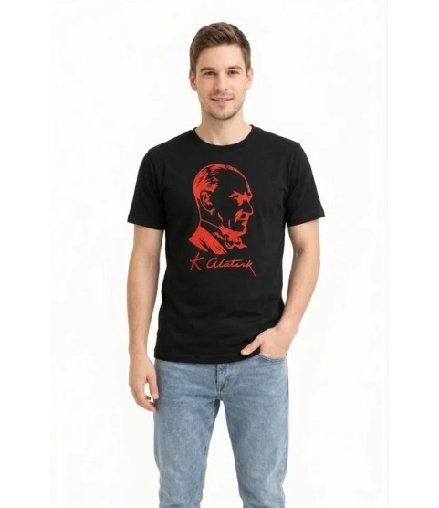 Erkek Atatürk Baskılı Tişört Kısa Kollu Bisiklet Yaka T-Shirt - Siyah