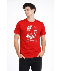 Erkek Atatürk Baskılı Tişört Kısa Kollu Bisiklet Yaka T-Shirt - Kırmızı