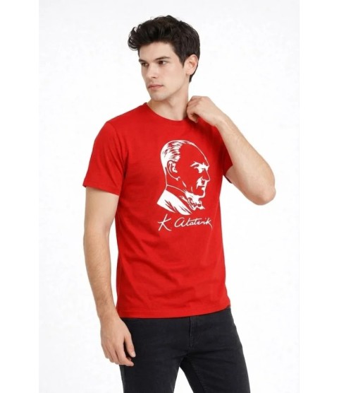 Erkek Atatürk Baskılı Tişört Kısa Kollu Bisiklet Yaka T-Shirt - Kırmızı Erkek Atatürk Baskılı Tişört Kısa Kollu Bisiklet Yaka T-Shirt - Kırmızı