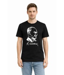 Erkek Atatürk Baskılı Tişört Kısa Kollu Bisiklet Yaka T-Shirt - Siyah