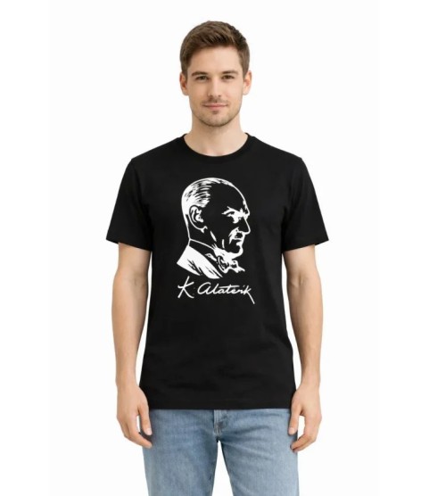 Erkek Atatürk Baskılı Tişört Kısa Kollu Bisiklet Yaka T-Shirt - Siyah