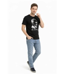 Erkek Atatürk Baskılı Tişört Kısa Kollu Bisiklet Yaka T-Shirt - Siyah