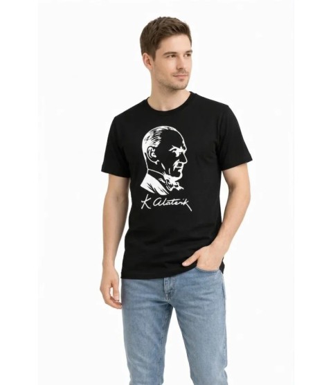 Erkek Atatürk Baskılı Tişört Kısa Kollu Bisiklet Yaka T-Shirt - Siyah